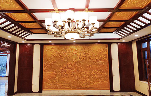万安中式别墅客厅中式木作横梁吊顶装饰展示